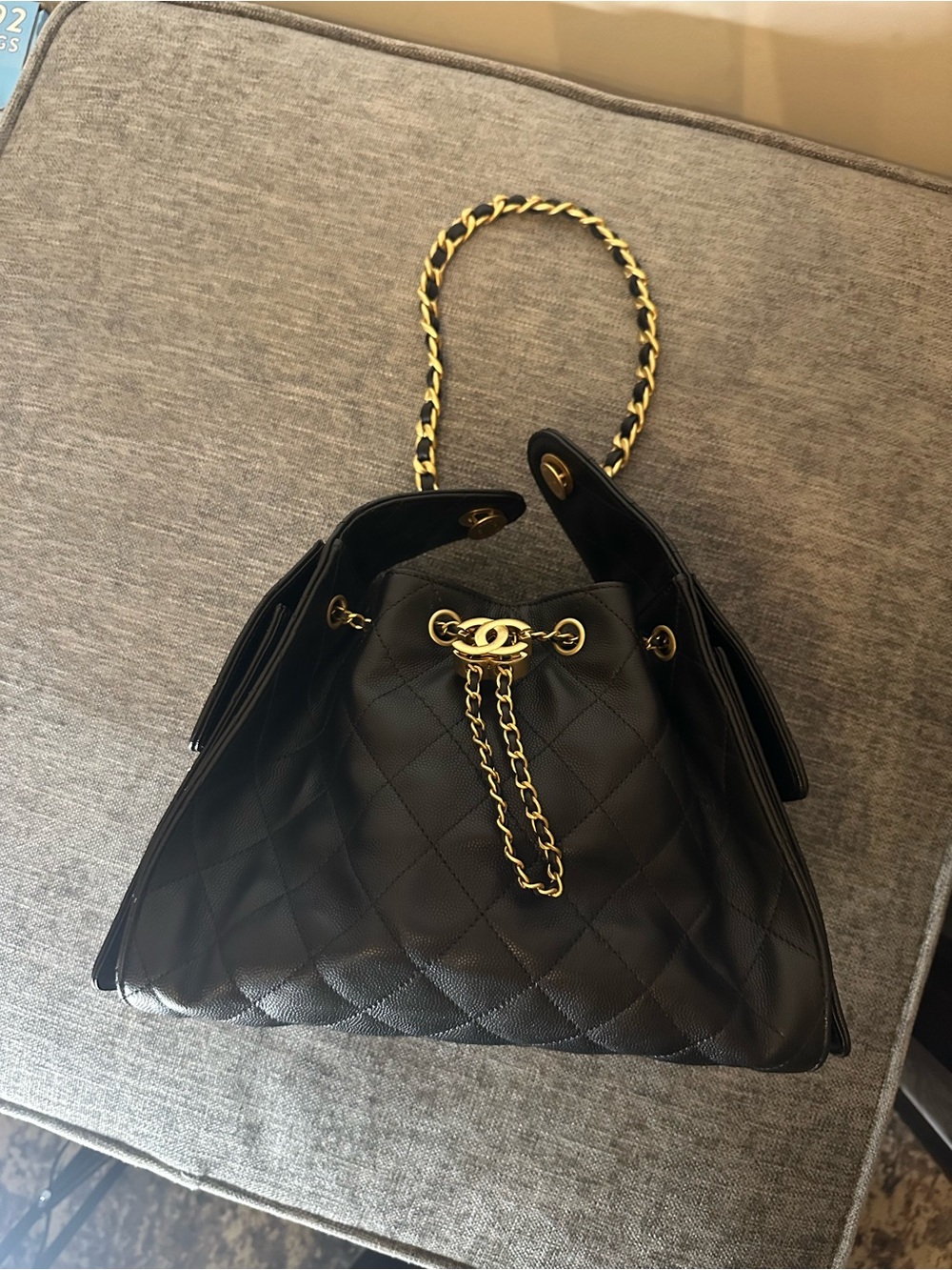 CHANEL 25 Small Black Quilted Drawstring Shoulder Bag with Gold CC Hardware - Picture 5 of 9